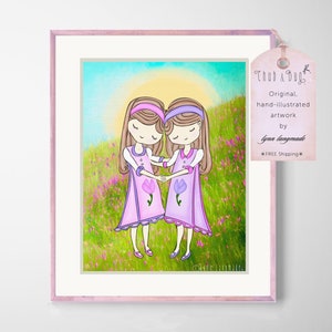 Twin Wall Decor - twin friendship, personalized twin sisters wall art 11x14, twins illustration 16x20, twin girl bedroom 8x10, twins art 5x7