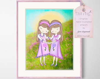 Twin Girls Art Print - Sisters Hugging Illustration