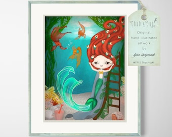 Mermaid Art Kids - Mermaid Wall Decor, Ocean Wall Art for Girls, Siren Painting, Redhead Mermaid Underwater, Framed Mermaid Art Mermaid Gift