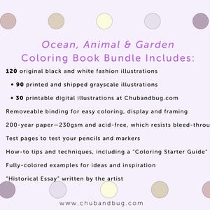 Op de afbeelding: Een lichtpaarse achtergrond met de tekst "Ocean, Animal & Garden Coloring Book Bundle Includes:" en opsommingstekens met functies zoals 120 zwart-wit illustraties, 90 grijswaarden illustraties en een uitneembare binding. De website www.chubandbug.com staat ook vermeld.