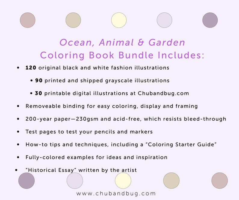 Op de afbeelding: Een lichtpaarse achtergrond met de tekst "Ocean, Animal & Garden Coloring Book Bundle Includes:" en opsommingstekens met functies zoals 120 zwart-wit illustraties, 90 grijswaarden illustraties en een uitneembare binding. De website www.chubandbug.com staat ook vermeld.