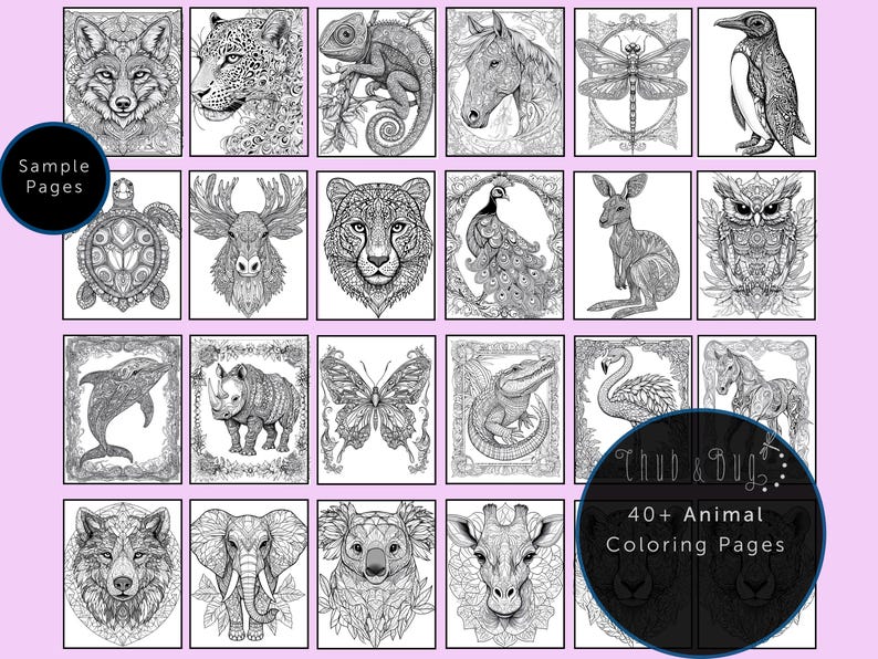 Op de afbeelding: Een verzameling van 24 zwart-wit dierenillustraties, geschikt om in te kleuren. De afbeeldingen bevatten een wolf, luipaard, kameleon, paard, libelle, pingu&iuml;n, schildpad, eland, cheetah, pauw, kangoeroe, uil, dolfijn, neushoorn, vlinder, alligator, zwaan en giraffe.