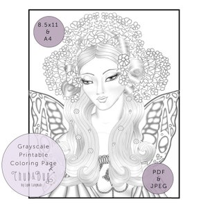 Fairy Coloring Page - A Printable Coloring Sheet of a Fairy Queen for Women, Grayscale Adult Coloring Sheet, PDF JPEG
