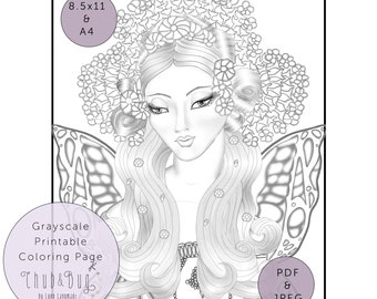 Fairy Coloring Page - A Printable Coloring Sheet of a Fairy Queen for Women, Grayscale Adult Coloring Sheet, PDF JPEG