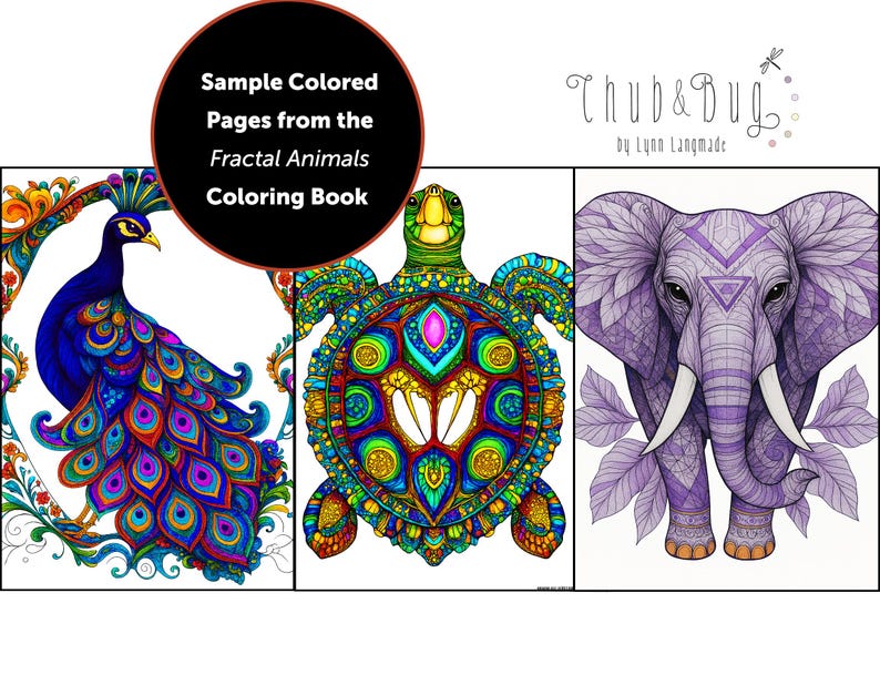 Op de afbeelding: Voorbeeldgekleurde pagina's uit het Fractal Animals kleurboek. De afbeelding toont drie gedetailleerde, kleurrijke illustraties: een pauw, een schildpad en een olifant. De pauw heeft levendige blauwe en paarse veren. De schildpad en de olifant zijn ook ingewikkeld ontworpen.