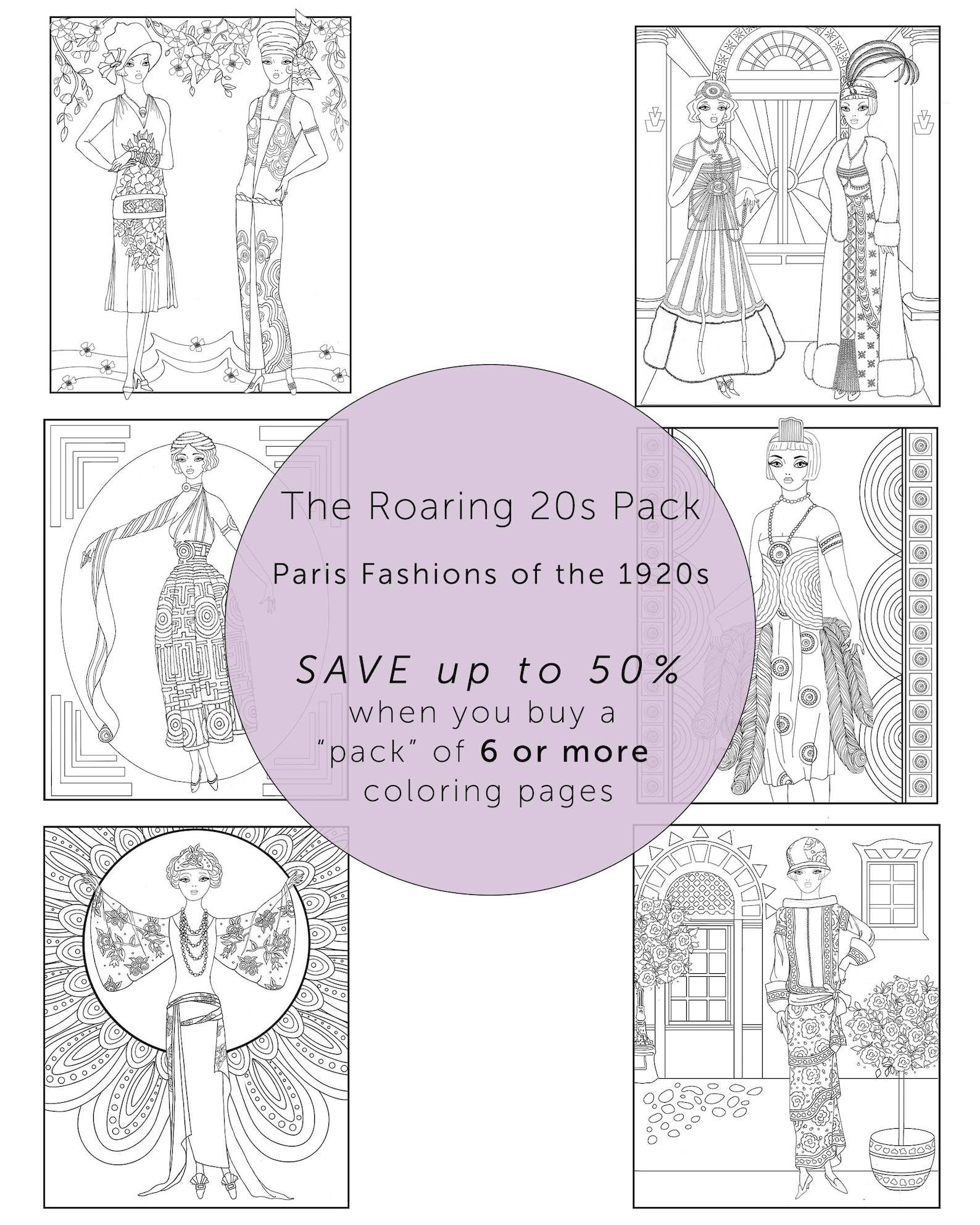 Printable Coloring Roaring 20s, 1920s Fashion, Art Deco Design, Flapper ...