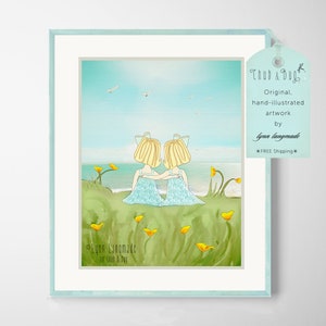 Twin Sister Gifts - Twin Sisters Print 20x24, Twin Bedroom Decor, Custom Art for Twins, Painting of Twin Girls at Ocean 20x30 Twin Babies