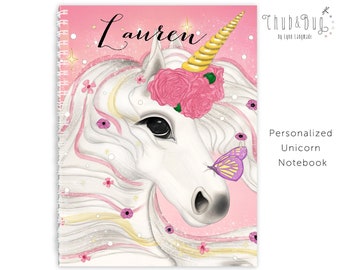 Unicorn Notebook - Custom Spiral Notebooks in Pink and White, Unicorn Gift with Glitter and Roses for Girls