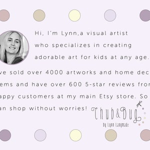 Pu&ograve; includere: Uno sfondo viola chiaro con pois pastello e testo. Il testo recita: "Ciao, sono Lynn, un'artista visiva specializzata nella creazione di arte adorabile per bambini di ogni et&agrave;". Anche il logo "Chub & Bug" &egrave; visibile.