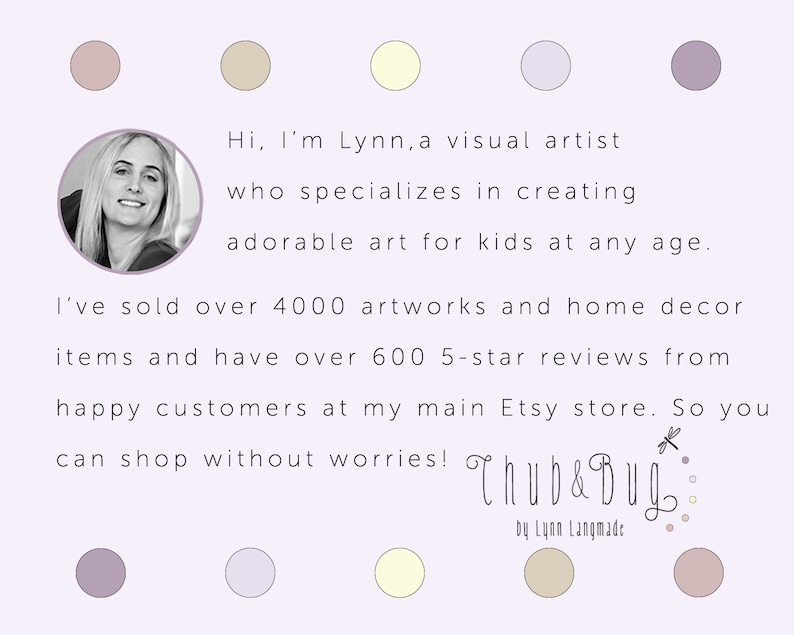 Pu&ograve; includere: Uno sfondo viola chiaro con pois pastello e testo. Il testo recita: "Ciao, sono Lynn, un'artista visiva specializzata nella creazione di arte adorabile per bambini di ogni et&agrave;". Anche il logo "Chub & Bug" &egrave; visibile.