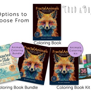 May include: Three options for coloring books are displayed. One is a coloring book bundle with ocean and beach themes. The other two are adult coloring books with a fox on the cover, and a coloring kit with 36 dual brush marker pens.