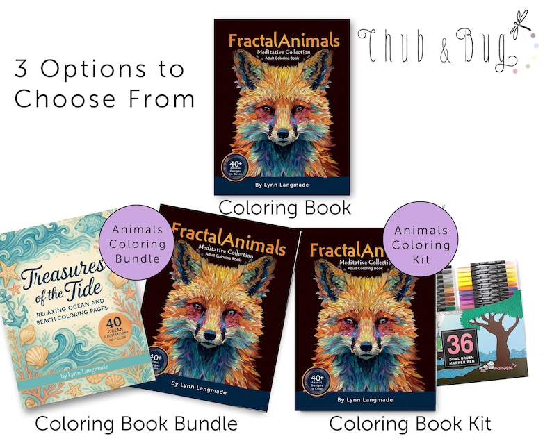May include: Three options for coloring books are displayed. One is a coloring book bundle with ocean and beach themes. The other two are adult coloring books with a fox on the cover, and a coloring kit with 36 dual brush marker pens.