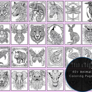 May include: A collection of 24 black and white animal coloring pages, including a wolf, leopard, chameleon, horse, dragonfly, penguin, turtle, moose, cheetah, peacock, kangaroo, owl, dolphin, rhino, butterfly, alligator, swan, and giraffe. The pages are displayed on a pink background.