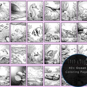 Op de afbeelding: Zwart-wit kleurplaten met oceaanthema met verschillende zeedieren, waaronder kwallen, zeepaardjes en walvissen. De pagina's worden weergegeven in een raster, met de tekst "Sample Pages" en "40+ Ocean Coloring Pages".