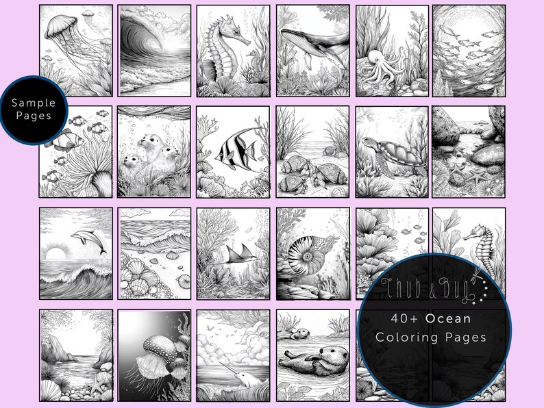 Op de afbeelding: Zwart-wit kleurplaten met oceaanthema met verschillende zeedieren, waaronder kwallen, zeepaardjes en walvissen. De pagina's worden weergegeven in een raster, met de tekst "Sample Pages" en "40+ Ocean Coloring Pages".
