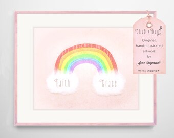 Twin Sisters Nursery Print – Rainbow, Personalized Names Art