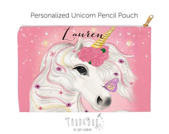 Unicorn Pencil Pouch - Personalized Unicorn Pencil Bag Case Back to School, Unicorn School Supplies