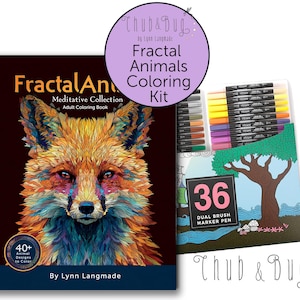 May include: A coloring kit featuring a "Fractal Animals" adult coloring book and a set of 36 dual brush marker pens. The book cover displays a colorful fox illustration. The kit includes the text "Thub & Bug" and "By Lynn Langmade".