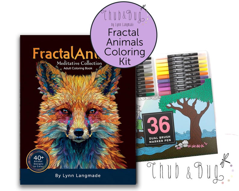 May include: A coloring kit featuring a "Fractal Animals" adult coloring book and a set of 36 dual brush marker pens. The book cover displays a colorful fox illustration. The kit includes the text "Thub & Bug" and "By Lynn Langmade".