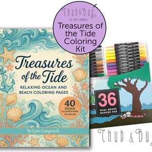 May include: A coloring kit titled "Treasures of the Tide" with ocean-themed illustrations. The kit includes a coloring book with 40 illustrations and a set of 36 dual brush marker pens. The cover features seashells, starfish, and an anchor.