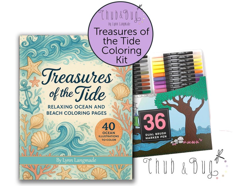 May include: A coloring kit titled "Treasures of the Tide" with ocean-themed illustrations. The kit includes a coloring book with 40 illustrations and a set of 36 dual brush marker pens. The cover features seashells, starfish, and an anchor.