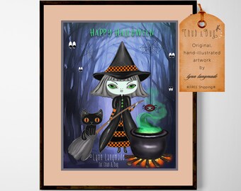Halloween Witch Art Print – Black Cat & Spider Illustration