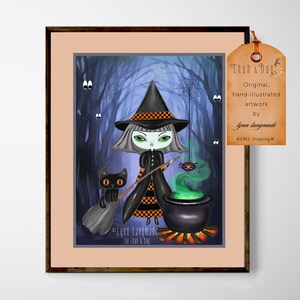 Halloween Illustration - Witch Wall Art 16x20, Halloween Wall Art 11x14, Witch Black Cat, Gothic Art for Kids 8x10, Cute Gothic Art