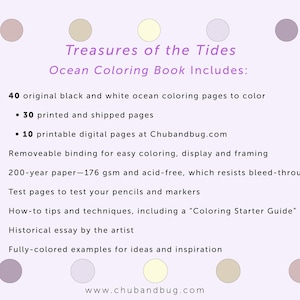 May include: A light purple background with the text "Treasures of the Tides Ocean Coloring Book Includes:" and bullet points listing features. Includes 40 black and white ocean coloring pages, 30 printed pages, and 10 digital pages.
