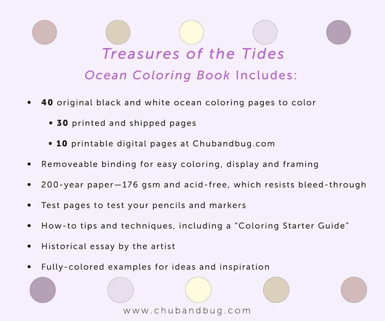 May include: A light purple background with the text "Treasures of the Tides Ocean Coloring Book Includes:" and bullet points listing features. Includes 40 black and white ocean coloring pages, 30 printed pages, and 10 digital pages.