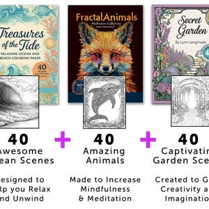Op de afbeelding: Drie kleurboeken voor volwassenen: "Treasures of the Tide", "Fractal Animals" en "Secret Garden". Elk boek bevat 40 illustraties. Het boek over de oceaan heeft een golfillustratie, het dierenboek een vos en het tuinboek een bloemenpatroon.