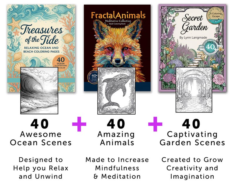 Op de afbeelding: Drie kleurboeken voor volwassenen: "Treasures of the Tide", "Fractal Animals" en "Secret Garden". Elk boek bevat 40 illustraties. Het boek over de oceaan heeft een golfillustratie, het dierenboek een vos en het tuinboek een bloemenpatroon.