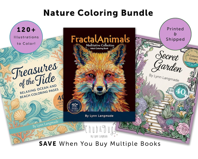 Op de afbeelding: Een natuurkleuringsbundel met drie kleurboeken voor volwassenen. De boeken omvatten "Treasures of the Tide", "Fractal Animals" en "Secret Garden". Het boek "Treasures of the Tide" heeft meer dan 120 illustraties om in te kleuren. De bundel wordt gedrukt en verzonden.