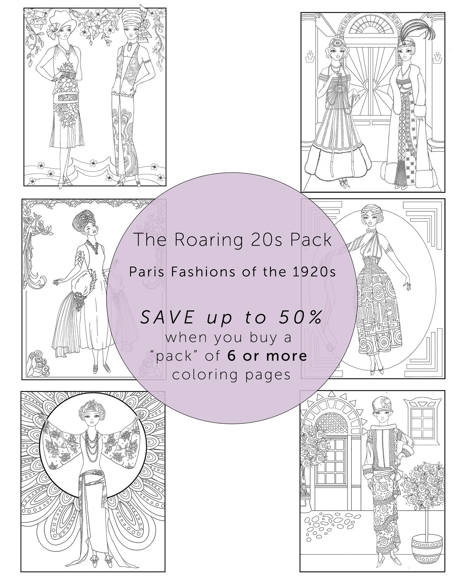 Flapper Coloring Page 1920s Fashion, Flapper Illustration, Printable