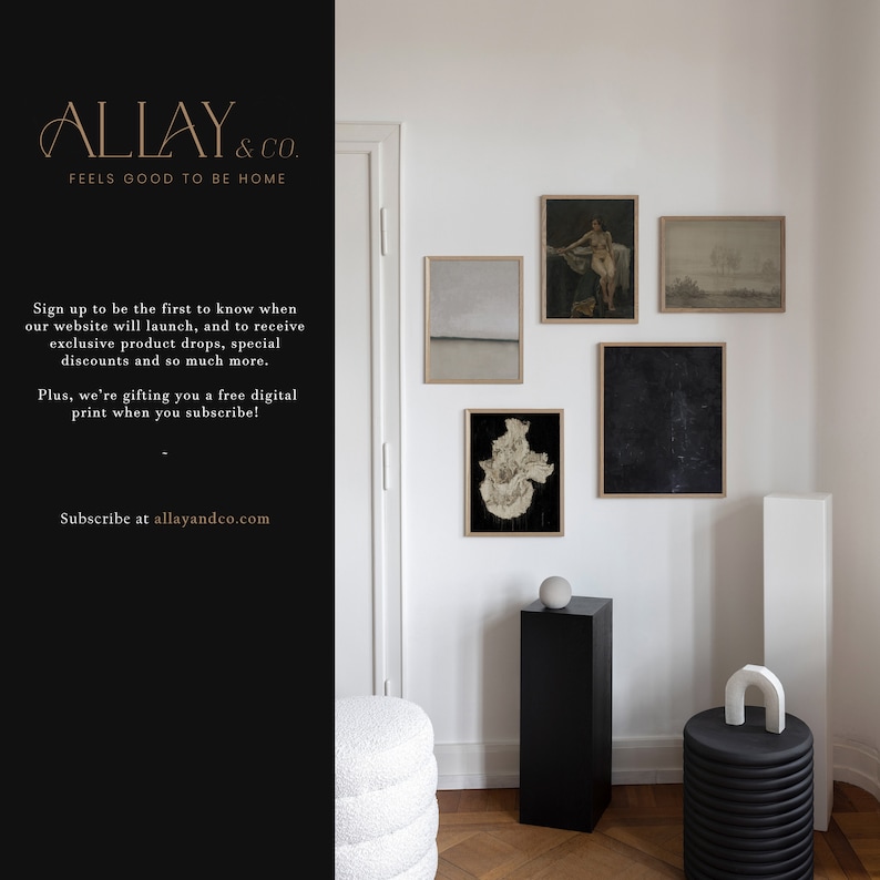 May include: A gallery wall featuring five framed prints in light wood frames, including a landscape, a figure study, and abstract art. Below, a black pedestal holds a sphere, while a black ribbed stool supports a white arch sculpture.