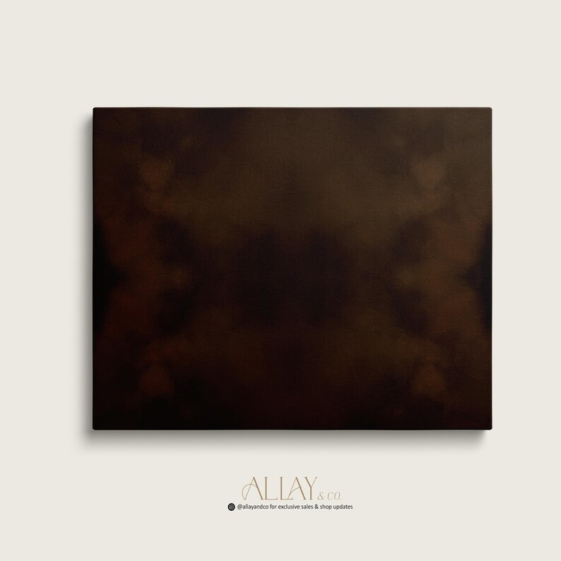 May include: A rectangular canvas featuring a dark brown, smoky, and mottled abstract pattern with subtle variations in tone. Below the canvas, the text reads ALLAY & CO followed by the handle @allayandco for exclusive sales & shop updates.