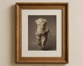 May include: A framed wall art piece featuring a sepia-toned print of a classical torso sculpture. The artwork is encased in a medium-brown wooden frame with a cream-colored mat. Below the frame, the text reads ALLAY & CO. FOR HOMES THAT FEEL COLLECTED, NOT DECORATED.