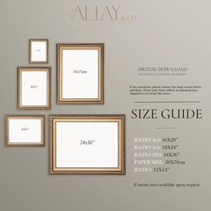 May include: A size guide for digital downloads by ALLAY & CO. featuring five ornate gold frames with labels 16x20", 18x24", 24x36", 50x70cm, and 11x14". Text includes digital download, size guide, and ratios 4:5, 3:4, 2:3, and paper size 50x70cm.