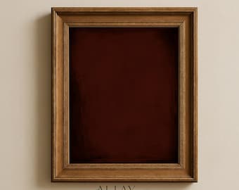 Puede incluir: Un marco rectangular con acabado en madera marrón medio y un perfil escalonado de varias capas. El centro está relleno de un color marrón burdeos oscuro sólido. Debajo del marco, el texto dice ALLAY & CO. FOR HOMES THAT FEEL COLLECTED, NOT DECORATED.