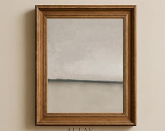 May include: A rectangular wall art piece featuring an abstract landscape painting with muted beige and gray tones, enclosed in a dark brown wooden frame with a tiered molding design. The text ALLAY & CO. FOR HOMES THAT FEEL COLLECTED, NOT DECORATED.