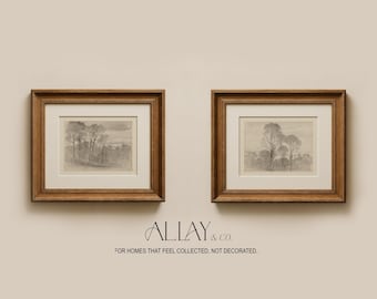May include: Two landscape art prints in medium brown wooden frames with off-white matting. The prints feature monochromatic pencil-style sketches of trees. Below the frames, the text reads ALLAY & CO. FOR HOMES THAT FEEL COLLECTED, NOT DECORATED.