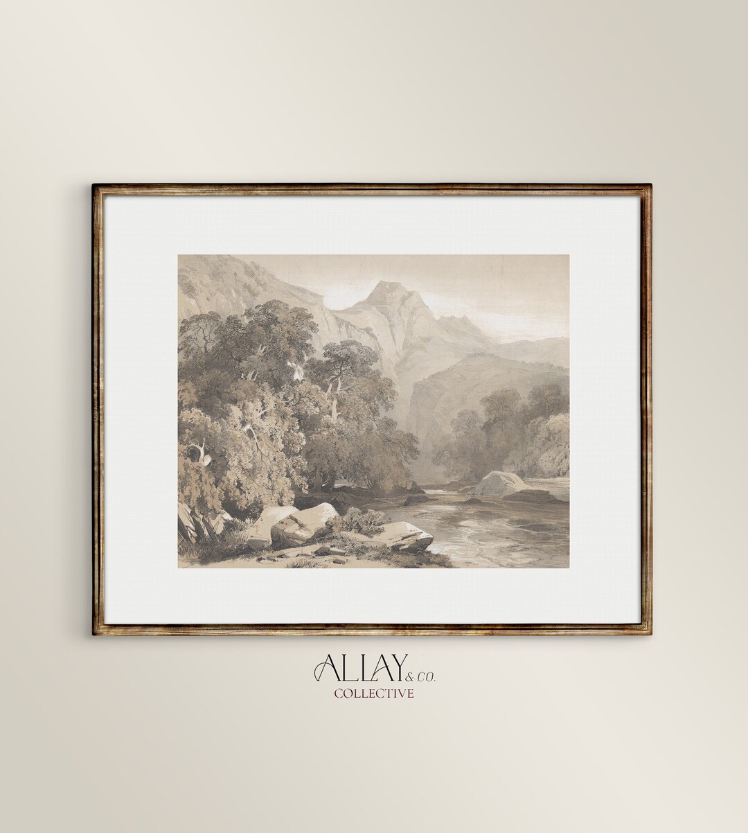 Vintage Lakeside Landscape Drawing Mountain Sketch Drawing Art