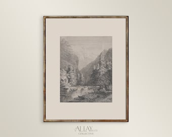 Mountain Sketch Drawing Art | Vintage Landscape Drawing | Forest Printable Art | Digital Vintage Print | Country Drawing | Vintage Art| 300