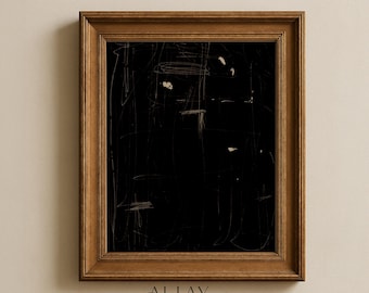 May include: A rectangular wall art piece featuring a black background with thin, light-colored, abstract scratch-like lines. The artwork is encased in a medium-brown wooden frame with a multi-layered, stepped profile design and a classic finish.