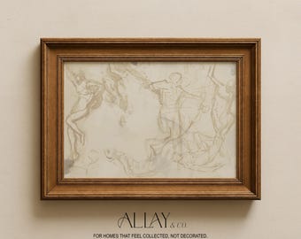 May include: A rectangular wooden frame with a dark brown finish containing a light-colored print of a sketch featuring multiple human figures in motion. Below the frame, the text reads ALLAY & CO. FOR HOMES THAT FEEL COLLECTED, NOT DECORATED.