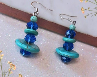 Indigo earrings, Blue beaded dangle earrings, Navy blue earrings, Turquoise silver earrings, Beaded jewelry handmade, Birthday gift for her