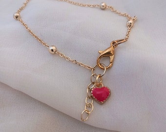 Red heart charm bracelet in the UK, Gold chain bracelet, Dainty gold jewellery, Minimalist gold jewellery for her, Jewellery gift for her.