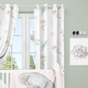 Curtains Blackout Girl Nursery Wild Flowers, Pastel Botanical Watercolor Window Draperies Panel, Floral Cotton Toddler Kids Bedroom Curtain