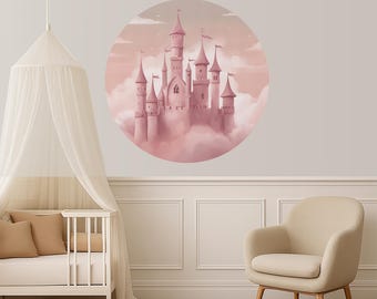 Adesivo murale Castello Principessa Rosa per cameretta bambina, adesivo in vinile Nuvole Ombre per cameretta bambini, decorazione fantasy per cameretta neonati S4