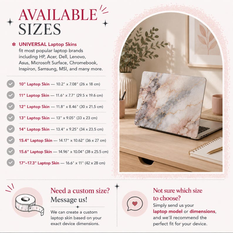 The image is a collage of various laptop skins, each with different sizes and designs, showcasing a range of options available for customers to choose from.