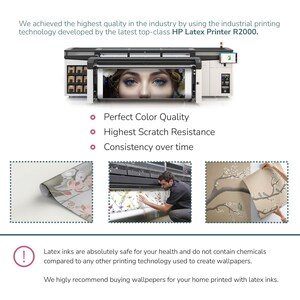 The image is a collage of four images, each depicting a different aspect of the latest top-class HP latex printer R2000. The images showcase the printer's perfect color quality, highest scratch resistance, consistency over time, and latex inks that are safe for health and do not contain chemicals compared to other printing technologies. The collage also highlights the printer's ability to create wallpapers and emphasizes the importance of buying wallpapers for your home printed with latex inks.